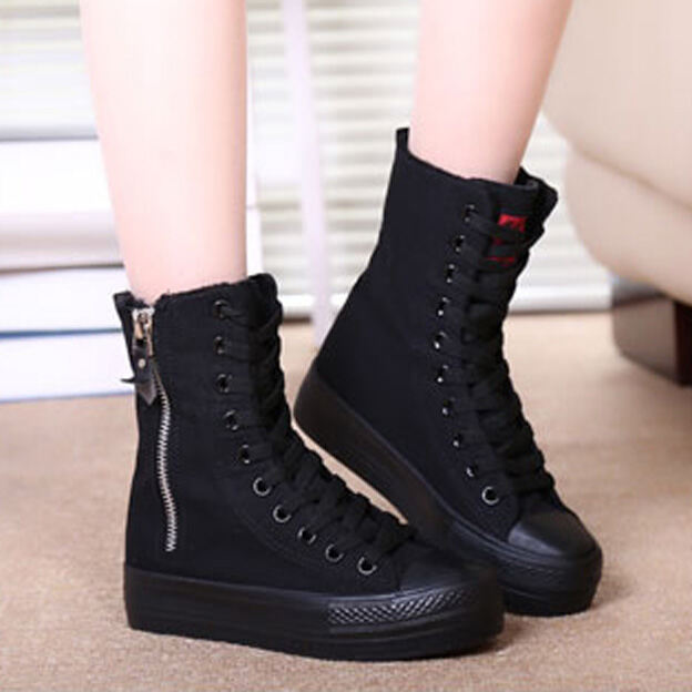 Korean Style Fashionable Spring and Autumn Student Canvas Shoes Women Ulzzang Versatile High-Top Elevator Platform Shoes 776 Middle Boots