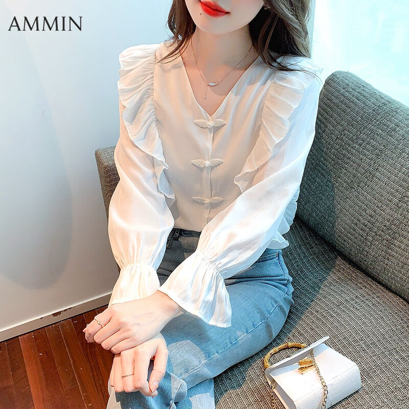 AMMIN 2022 Autumn new sweet chic high-grade white chiffon shirt Korean-style fashion temperament V-neck ruffle lantern sleeve chiffon top For women