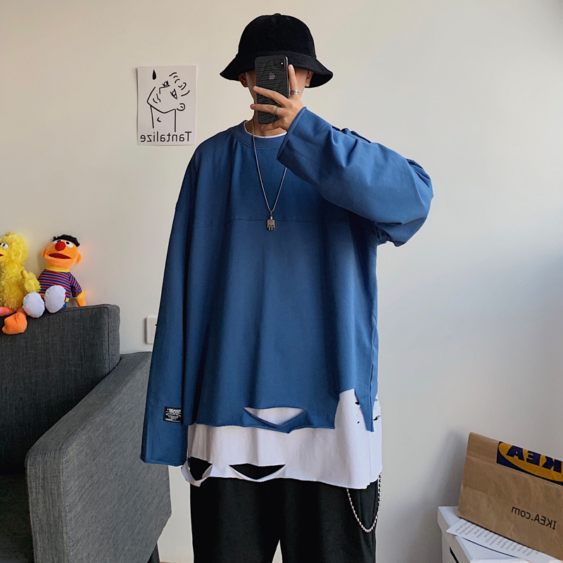 Hong Kong Style Ins Super Hot Fake Two-Piece Sweater Men's Korean-Style Trendy Loose Handsome Personality Ripped Bottoming Shirt Men Harajuku