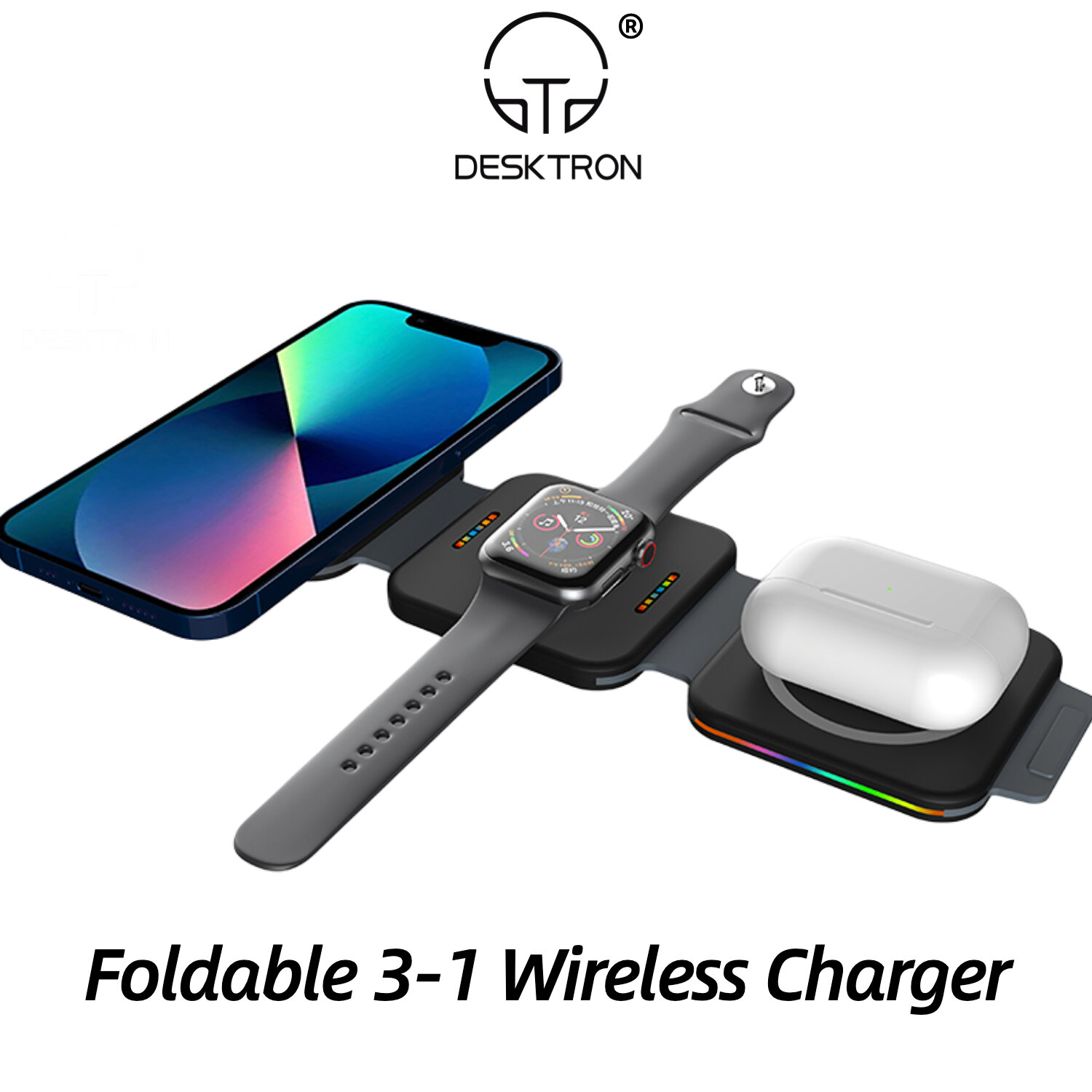 DESKTRON 3 in 1 Wireless Charger Pad, 15W Fast Charge Magnetic Foldable Qi Fast Charging Wireless Charging Dock Station Compatible iPhone 14 Samsung HuaWei XiaoMi OPPO iWatch 8 Samsung Watch AirPods E