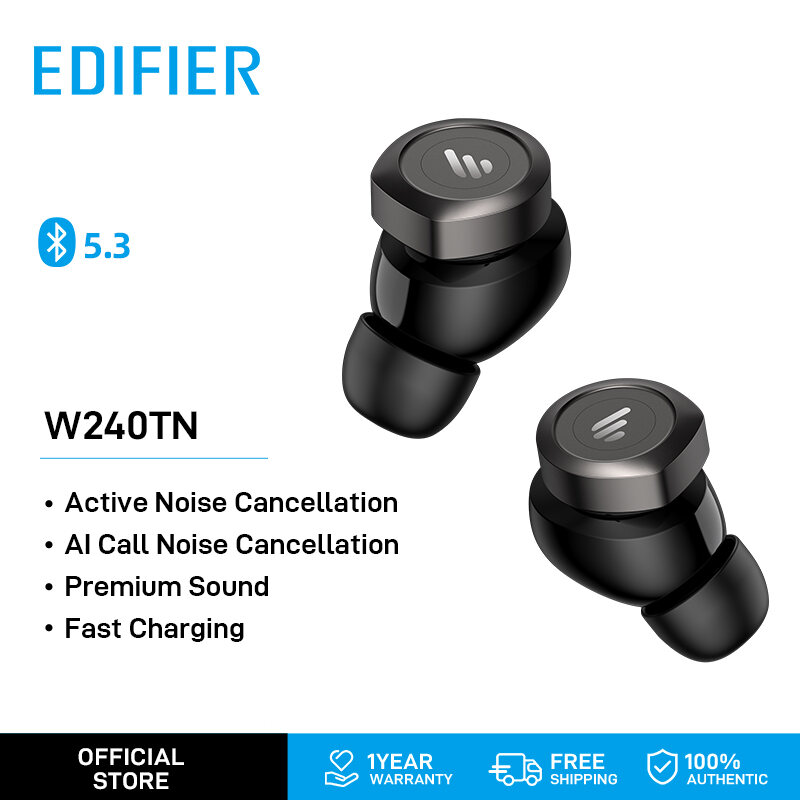Edifier W240TN True Wireless Earbuds Noise Cancellation Earbuds with Bluetooth V5.3 up to 25hrs Playtime Support Voice Assitant Custom Button Contorl EQ Mode Shutdown Timer