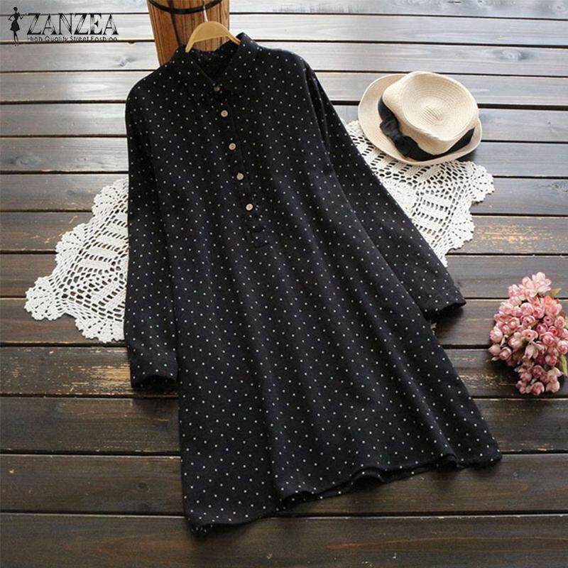 Muangee Women Polka Dot Oversize Vintage Casual Loose Long Sleeve Tops Blouse T-Shirt ZANZEA