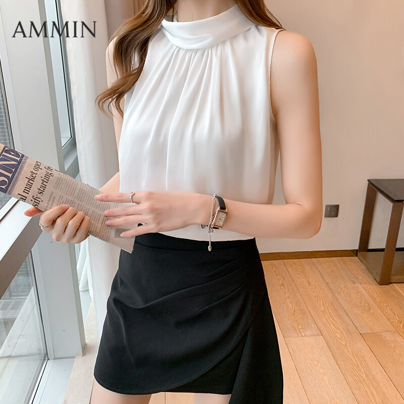 AMMIN Summer Pure Color Halter Sleeveless Chiffon Shirt For Women 2021 White Turtleneck Top Loose Ribbon Bowknot Lace Vest Casual Top