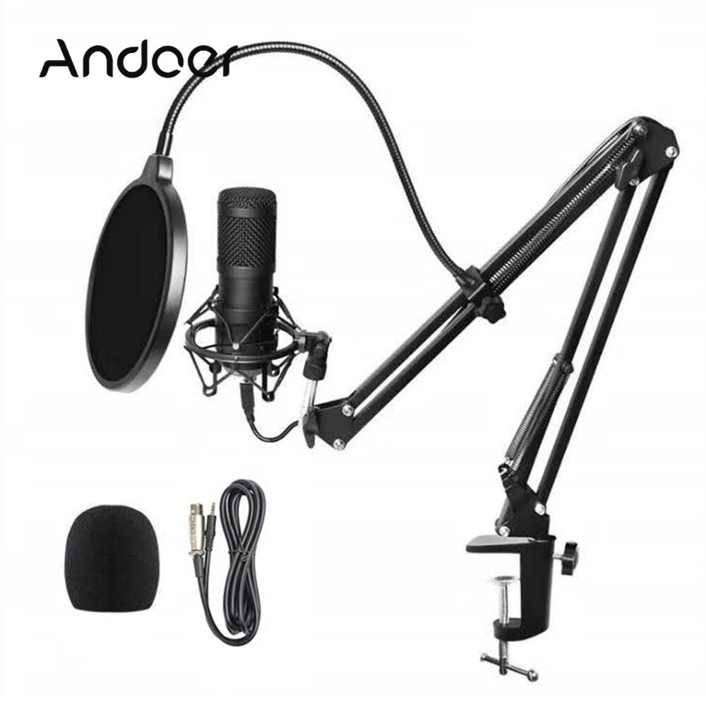 Studio Recording Condenser Microphone Kit with Shock Mount + Flexible Arm Stand + Pop Filter + Windscreen + Connection Cable for Network Broadcasting Online Singing