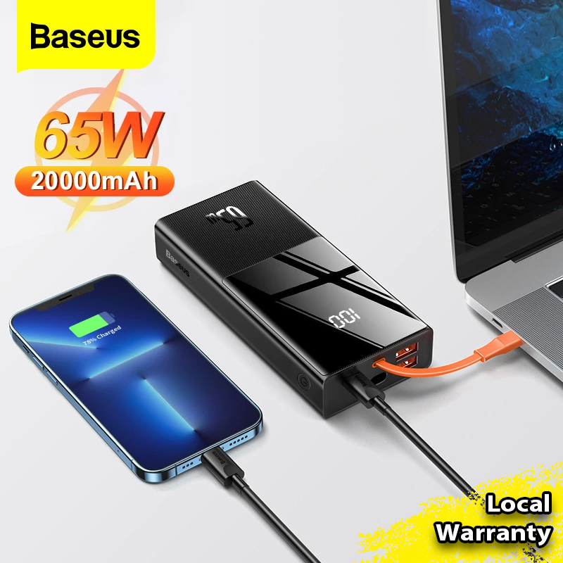 Baseus PD 65W 20000mAh Fast Charging Power Bank Elf Digital Display Quick Charge Portable Power Bank with Built-in Type-C Cable for iPhone 13 Pro Max Xiaomi Huawei Samsung