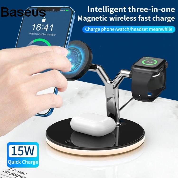 Baseus 970 For iPhone / Apple Watch / AirPods 3 in 1 Wireless Charger 15W Fast Charging Desktop Stand Cradle with Light