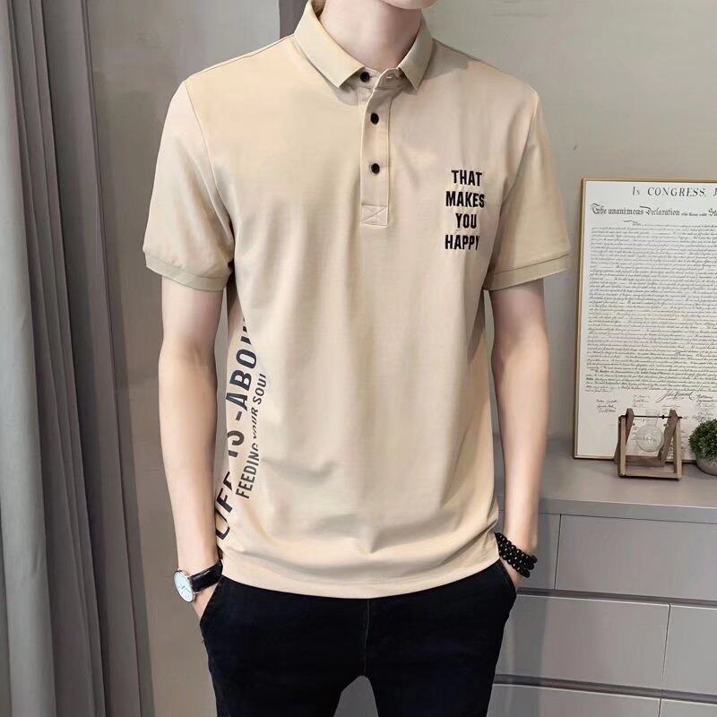 t shirt Men Polo Neck Korean Style Oversize Short Sleeve Letter Print Loose Fashion Tops Casual t-shirt