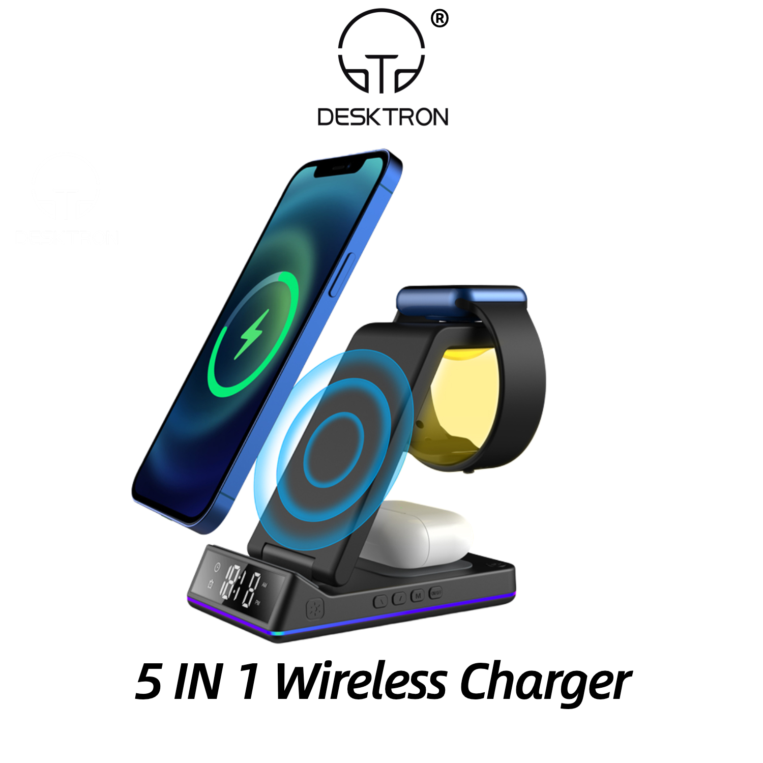 DESKRTON 5 in 1 Wireless Charger, Qi Fast Charge Wireless Charging Stand with LED Clock, Phone Charging Station for Smart Phones iPhone Samsung AirPods iWatch Galaxy Watch
