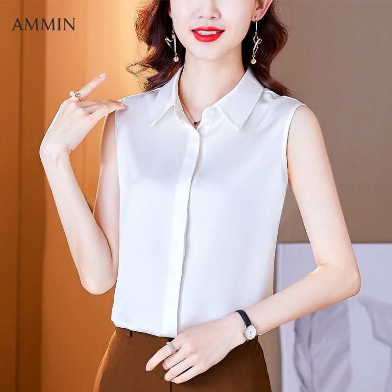 AMMIN Tops 2021 new style simple and fashionable lapel single row button cardigan silk shirt women's elegant high-end temperament sleeveless plus size blouse