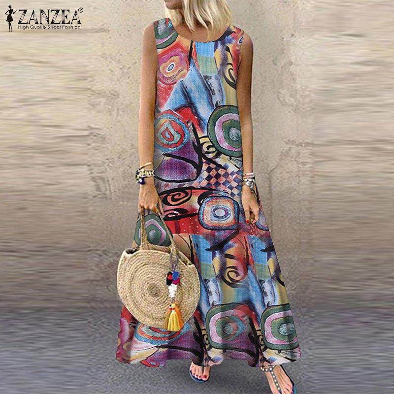ZANZEA Women Summer Sleeveless Sundress Kaftan Vintage Retro Printed Maxi Dress
