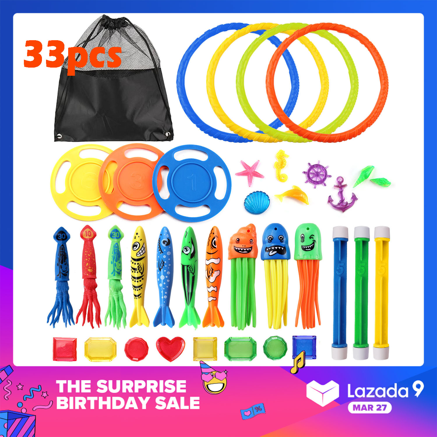 33PCS Funny Kids Diving Toys Set Underwater Water Play Toys with Storage Bag for Boys Girls Summer Games Swimming Pool Party