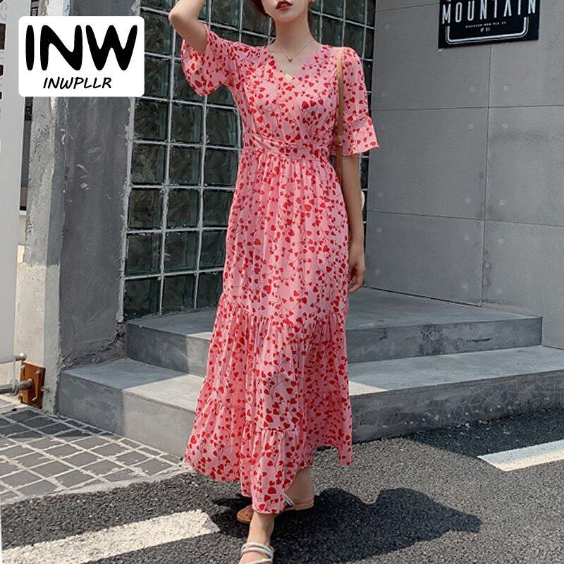 INWPLLR Elegant Fashion Dress Women Puff Sleeve Dress Casual Retro Short Sleeve Floral Printing Dresses Summer Korean Long Dress Female