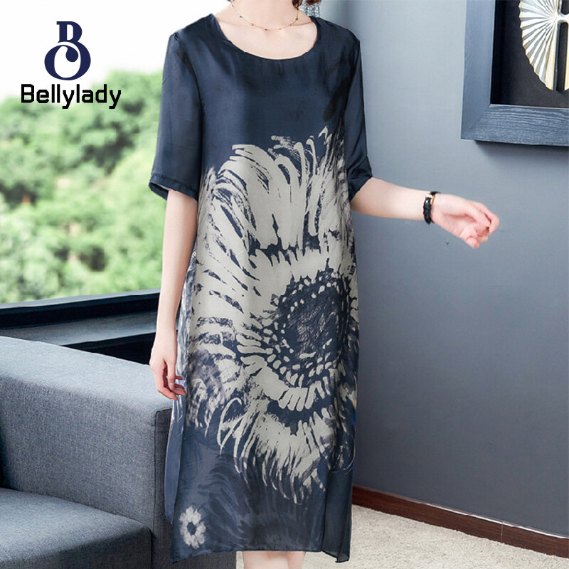 Women Dress Plus Size Ice Silk Printed Short-sleeved Crew-neck Mid-length Dress