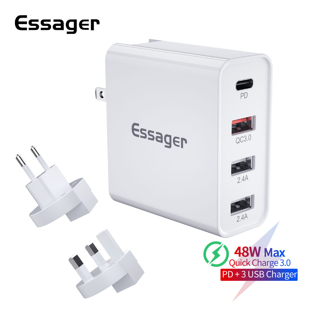 Essager48W 4 Ports Quick Charger  PD  TypeC + USB QC3.0 Turbo Wall Charger Ponsel Cepat untuk iPhone12 11 Pro max Xiaomi