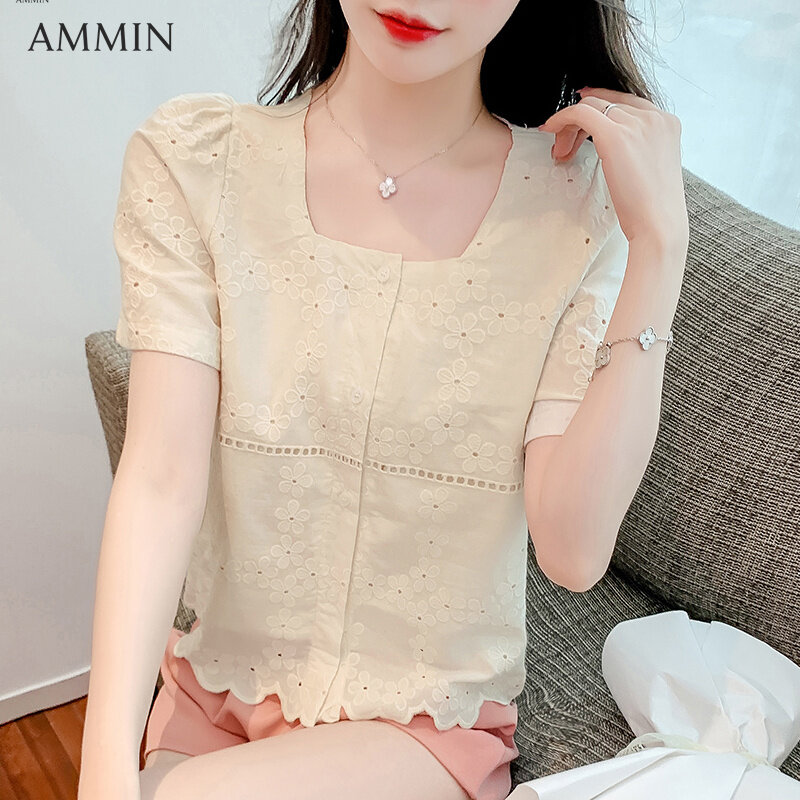 AMMIN Korean style women's short-sleeved square-neck lace shirt Korean style fashion temperament summer short lace stitching chiffon Top casual wild Blouse
