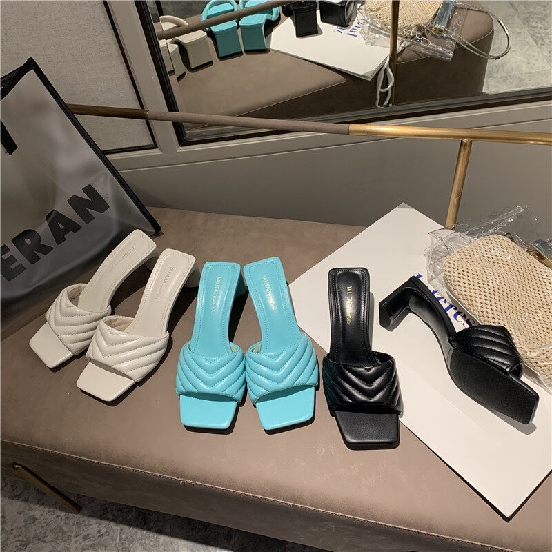 Fashion Elegant Womens Slippers High Quality Solid Cozy PU Leather Square Toe Sandals Femme Low Heel Party Dress Shoes