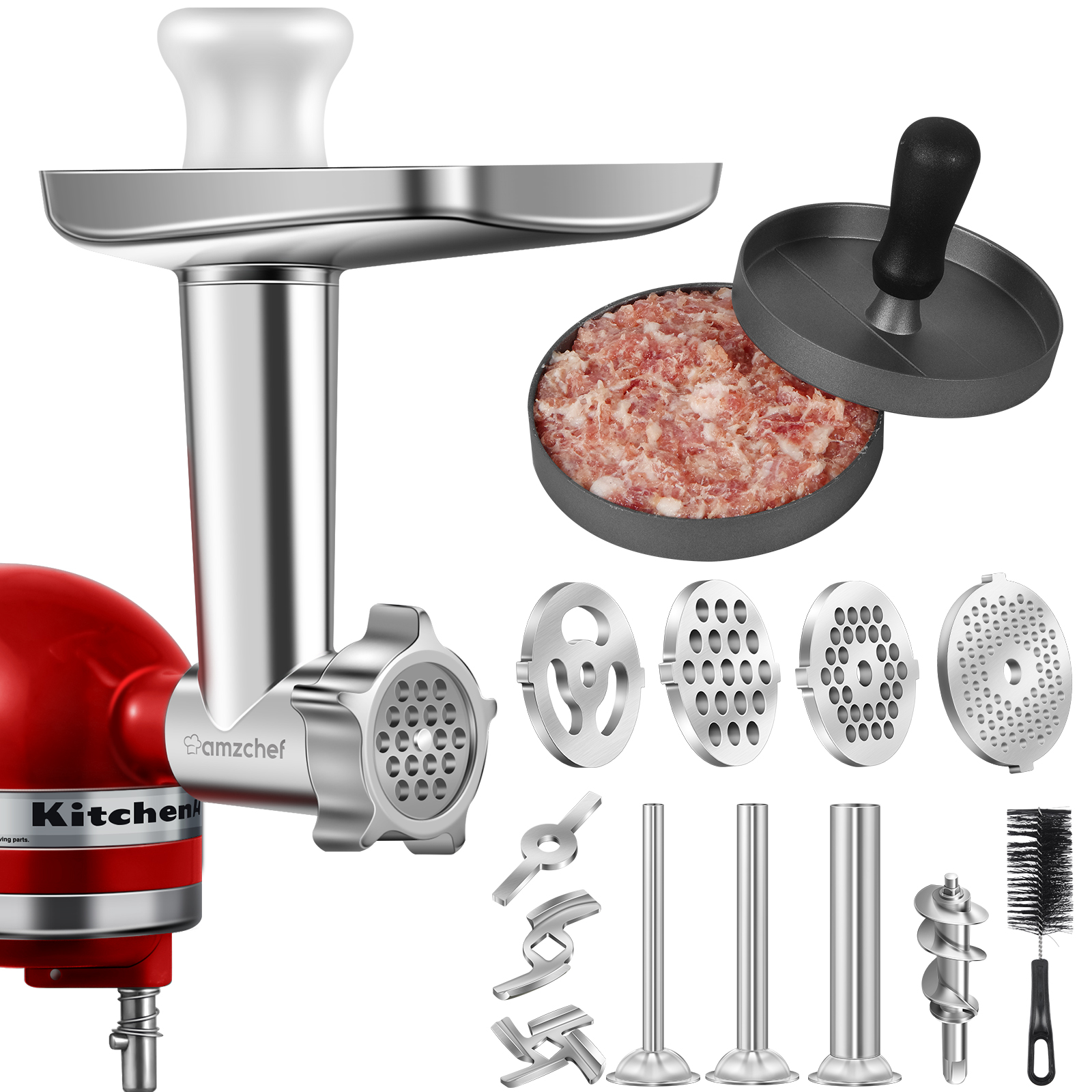 AMZCHEF Food Grinder Attachment Stand Mixer Accessories FGA Slicer and Shredder Meat Stuffer Burger Press For Stand Mixer Artisan Fine Coarse Grinding Plate Grind Meat Sausage Vegetables Cheese  For K