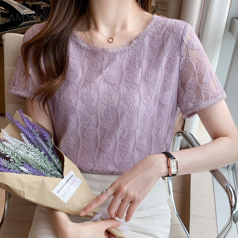 AMMIN Tops 2021 summer new elegant temperament Korean crocheted hollow lace shirt round neck short sleeve sweet fashion embroidery all-match blouse