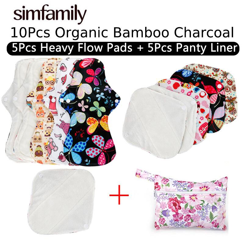[simfamily]10Pcs Reusable Waterproof 5pcs Panty Liner + 5pcs Heavy Flow Menstral Mama Cloth Pads Bamboo With Free Gift Mini Wet Bag