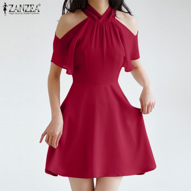 ZANZEA Women Summer Casual Halter Cold Shoulder Sleeve Party A-Line Swing Solid Dress #11