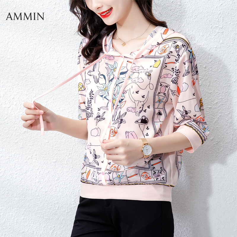 AMMIN Tops 2021 summer new high-end floral print hooded lace elegant T-shirt women's summer short-sleeved button cardigan sunscreen silk blouse