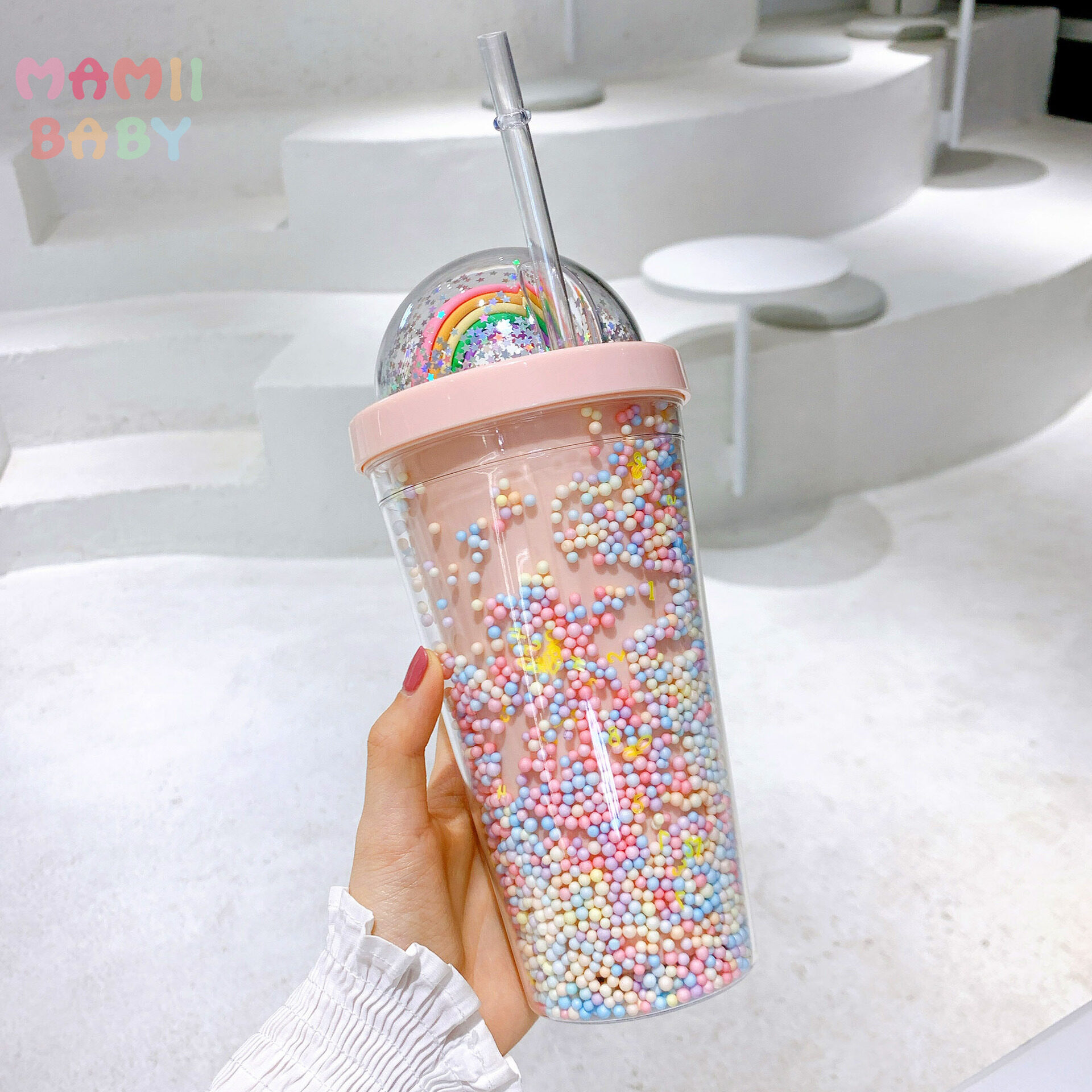 Rainbow Cup Double Layer Plastic Coffee Mug Tumbler with Straw Water Bottle Reusable 550ml