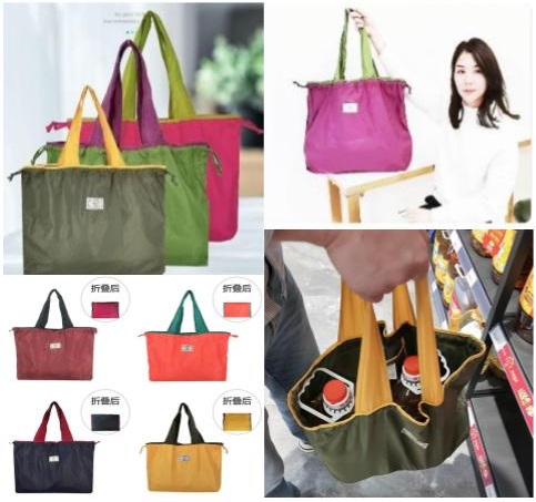 Folding Portable Plain color supermarket grocery bag, Large Capacity drawstring folding shopping bag (Local Stocks)