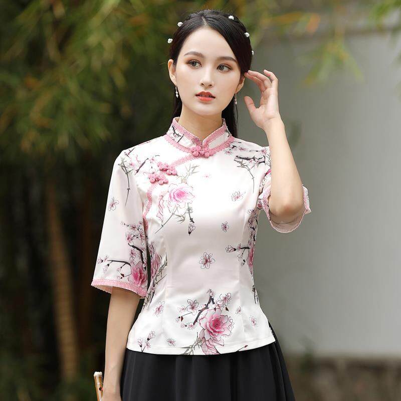 【Ready stock】Cheongsam Women's Plus Size Stand Collar Tops 2022 Summer Cotton Blend Lace Prints Splicing Tradition Chinese Style Shirts Woman