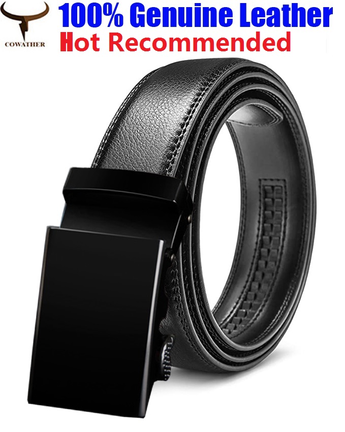 COWATHER Men Ratchet 3.5cm Leather Dress Belts with Genuine Cow Leather Slide Casual Belt for Men with Metal Automatic Lock Buckle, Fashion, Classic, Dress, Casual, Everyday Durable Belts