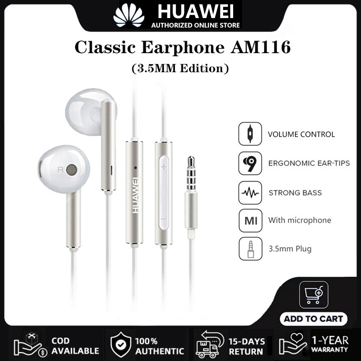 HUAWEI Earphone AM116 Original Wired In-Ear Earphones Full Bass Headset | 3.5MM Jack Headphone | 3-Button With Mic Volume Control | For P30 P20 P10 Mate10 Nova 4e 3i 2i Y9 Max