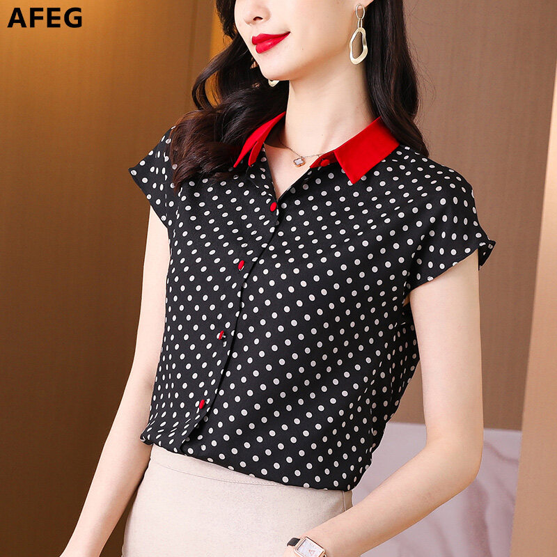 AFEG Korean style women's short-sleeved contrast color polka-dot elegant blouse for women