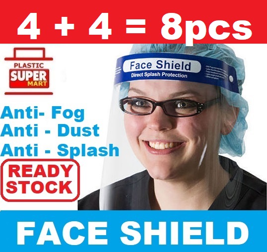 【 4 + 4 Free / Pack 】180 Face Shield Mask Guard Visor Mask Protective Medical Reusable Thick Cushion Head wear Cooking Mask Anti-fog Anti-droplets Full Protection Transparent Hat Food Stall Hawker Cat