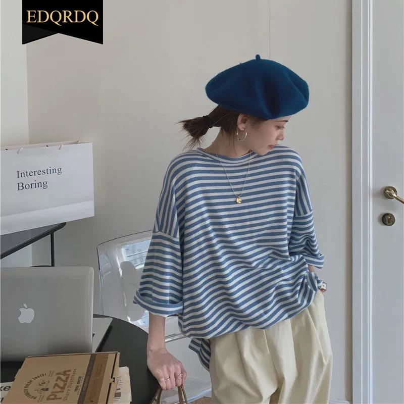 EDQRDQ Womens Striped Tops Plus Size Raglan Shirt 3/4 Sleeve Short Sleeve Striped Crew Neck Tshirt
