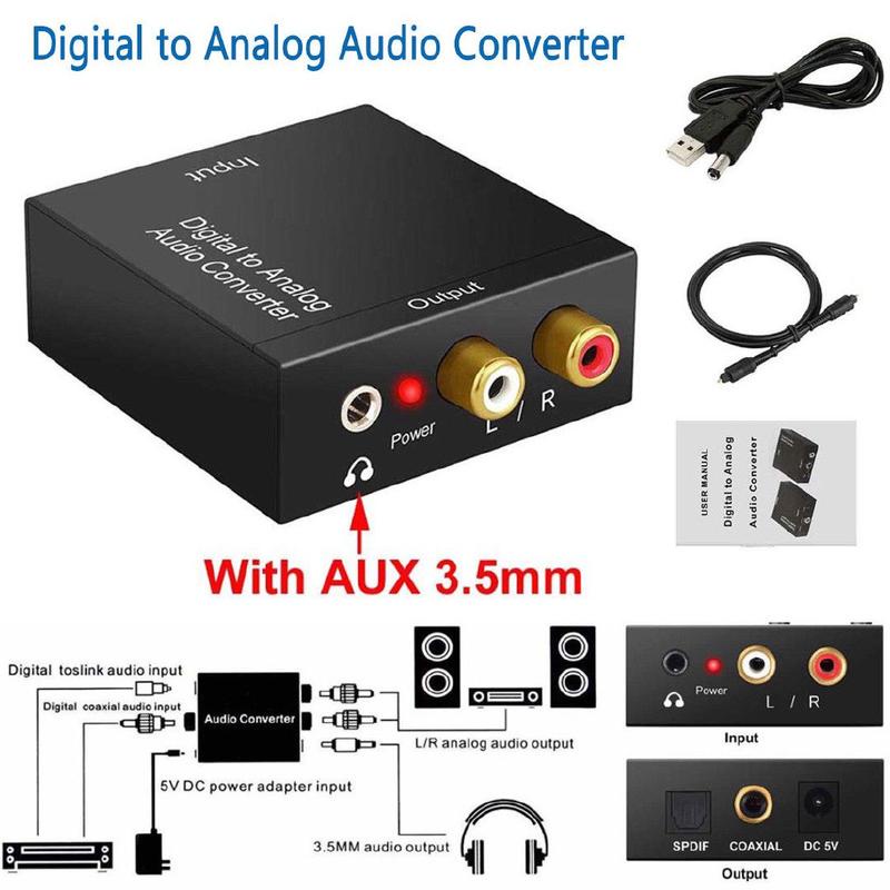 Optical Coax Toslink Digital To Analog Converter Fiber Coaxial RCA L/R Stereo Audio Aux Adapter Amplifier Decoder SPDIF
