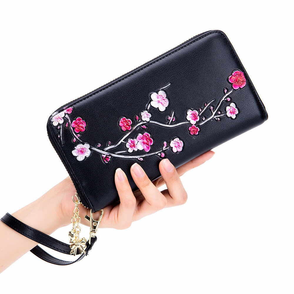 RFID Blocking New Genuine Leather Women Card Holder Clutch Bag 3D Plum Flower Printed Lady Coin Wallet Purse