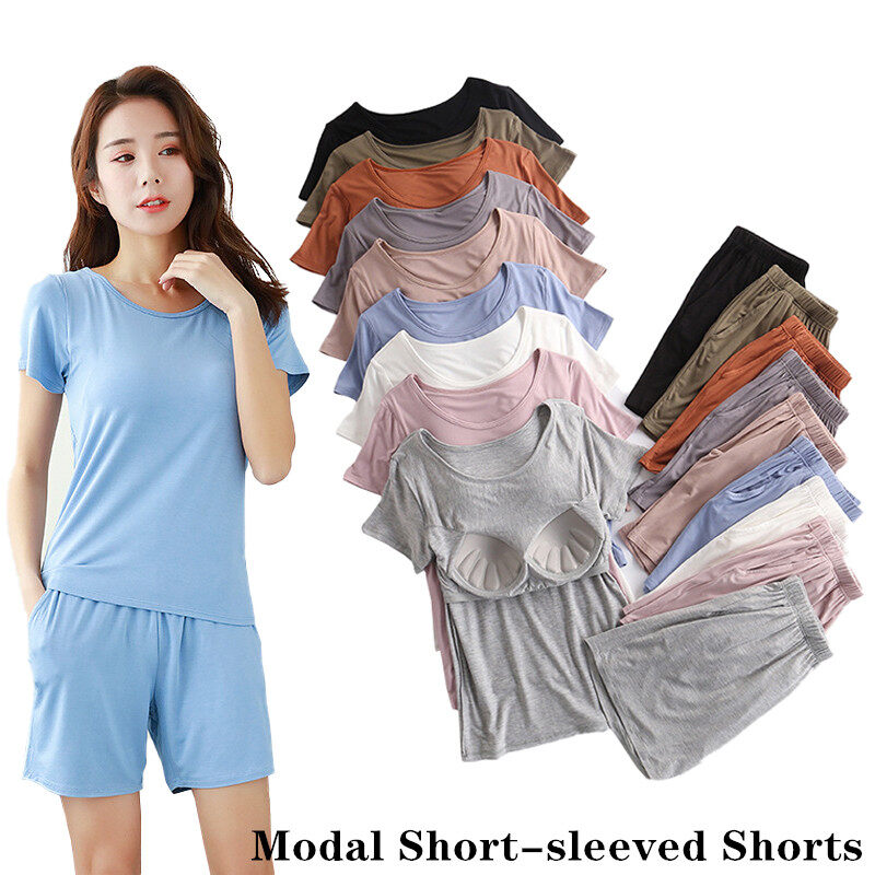 1 Set Summer Modal Short-sleeved Shorts Women's With Chest Pad Tops Thin Home Wear Pajamas Female Two piece set With Pockets Cotton Casual Gym Yoga Elastic Waist Short Plus Size Loose Comfortable brea