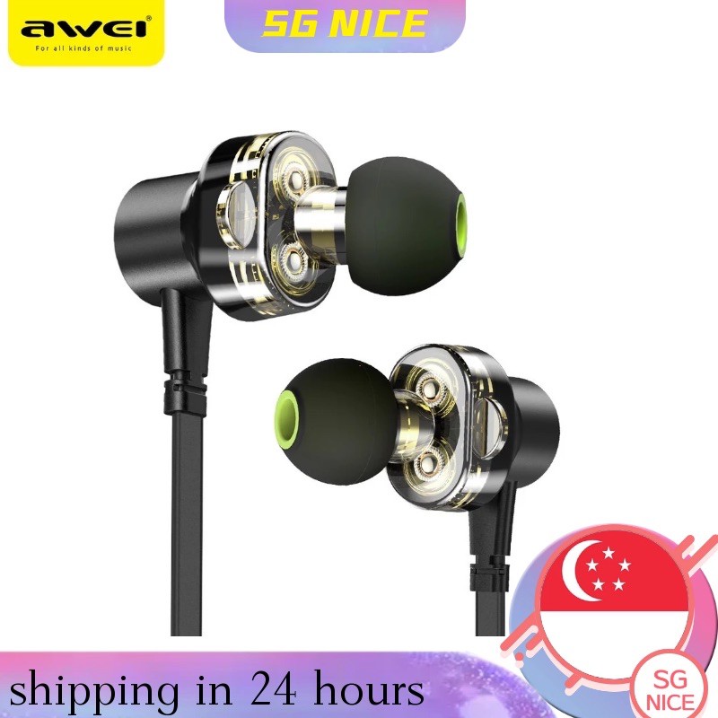 AWEI Z1 Wired Earphone Dual Driver Headset Double Moving Subwoofer Sport Bass Sound Earphones With Mic For Xiaomi Huawei iphone