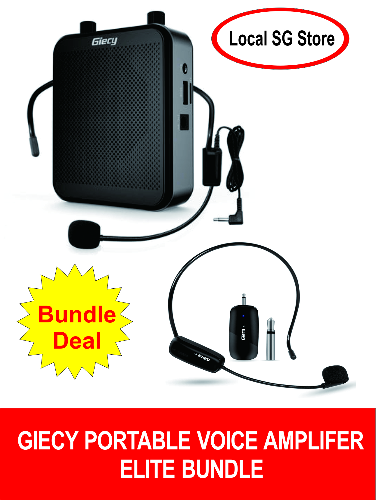 ??Giecy Portable Voice Amplifier Elite Bundle with Wired and Wireless mic headset. Maximum Flexibility.For Teachers, Show presenters. Clear Voice amplified and transmitted over distance with 2800 mAh 