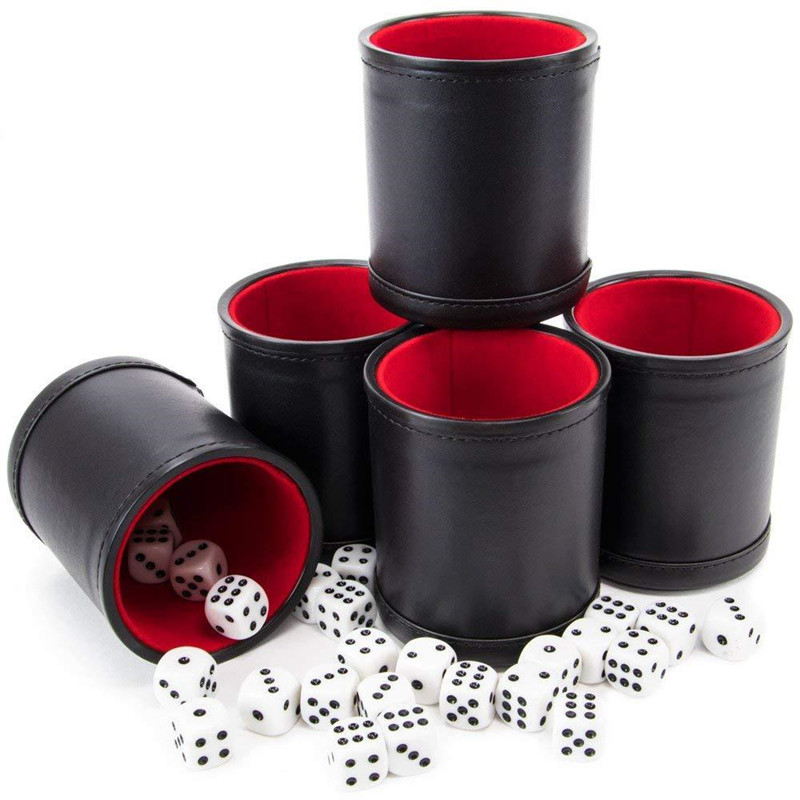 【Ready Stock】5pcs/set Professional Dice Cups W/ 25 White Six-Sided Dice Quality Bicast Leather