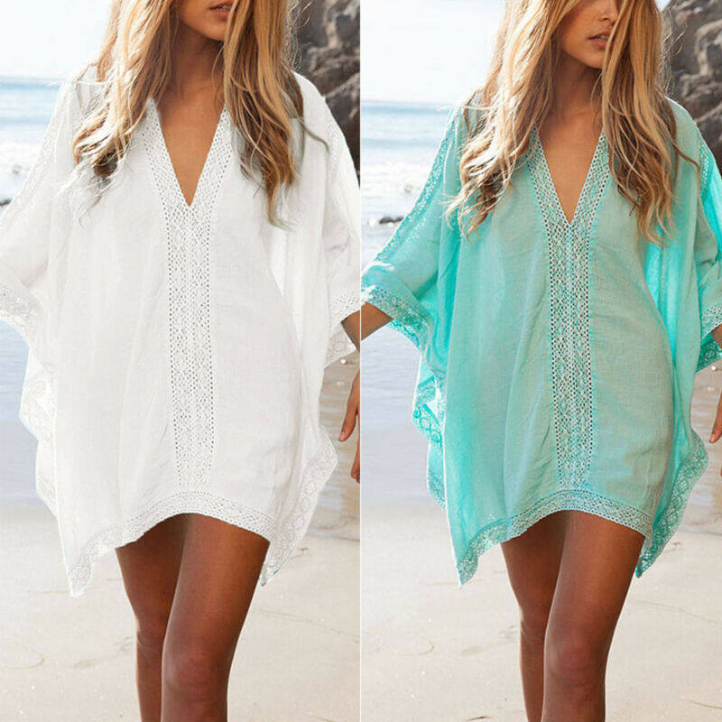 Kraiefs Women Solid Cover Up Kaftan Mini Dress V Neck Beachwear Swimwear Beach Bikini Au