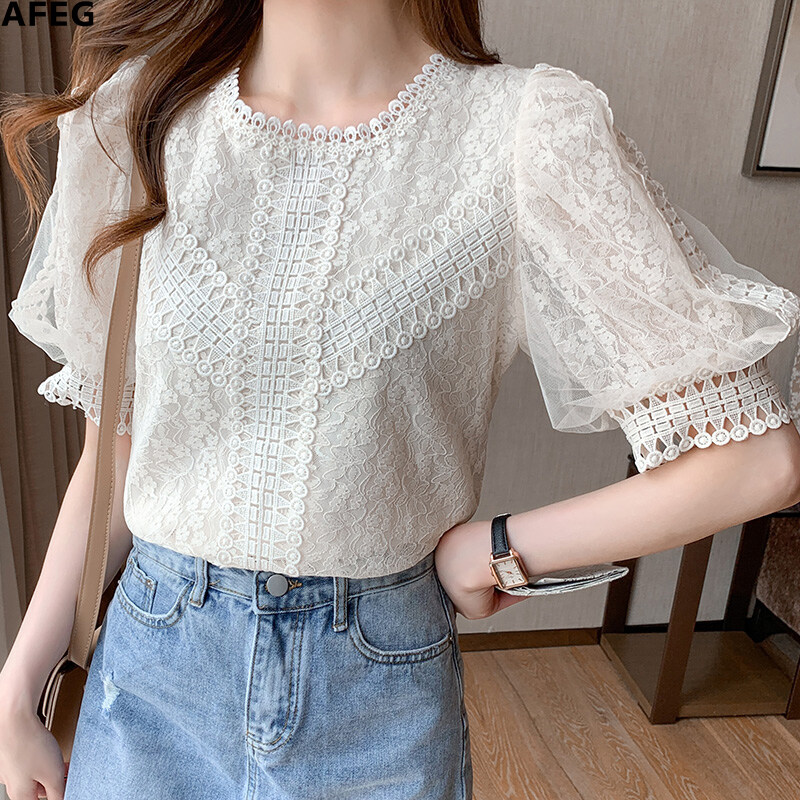 AFEG new Korean round neck fashion loose wild lace short-sleeved blouse for women