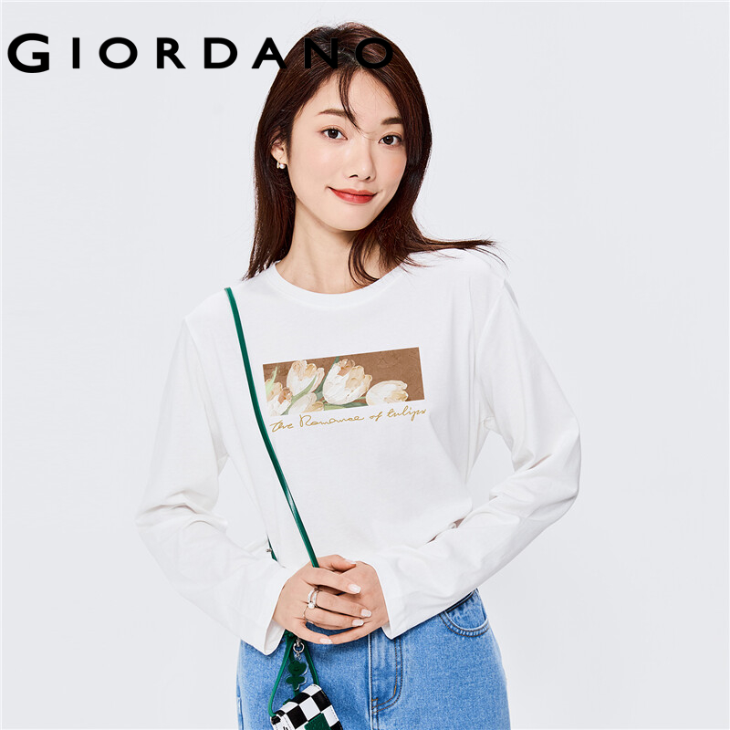 GIORDANO Women Huaxiansheng Series T-Shirts Crewneck Long Sleeve 100% Cotton Tee Simple Print Fashion Casual Tshirts 99392187