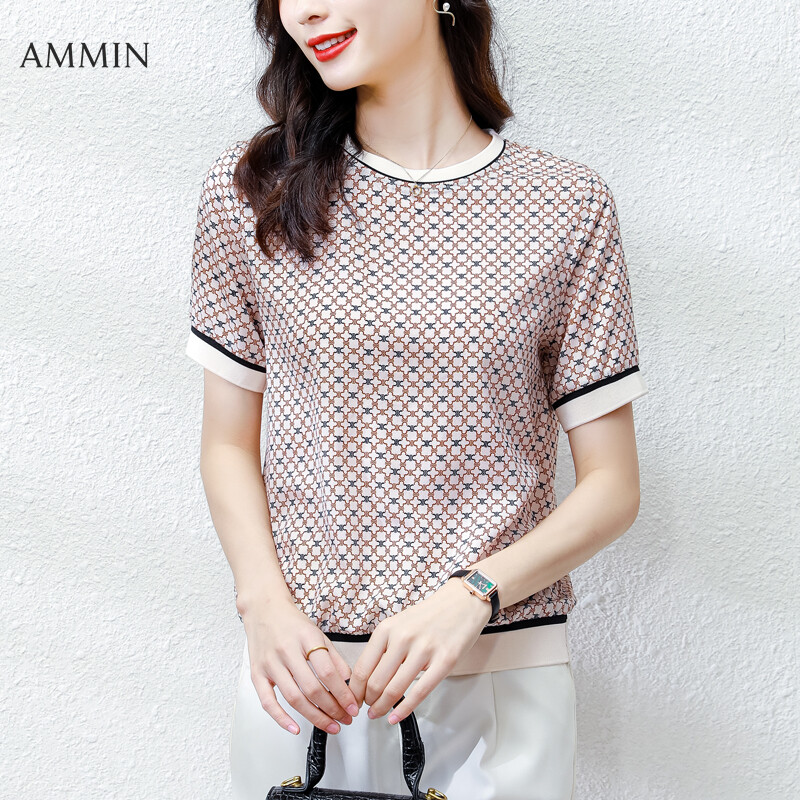 AMMIN Tops 2021 new short-sleeved simple round neck fashion color matching stitching all-match mulberry silk blouse women's summer plaid loose Korean fashion silk T-shirt
