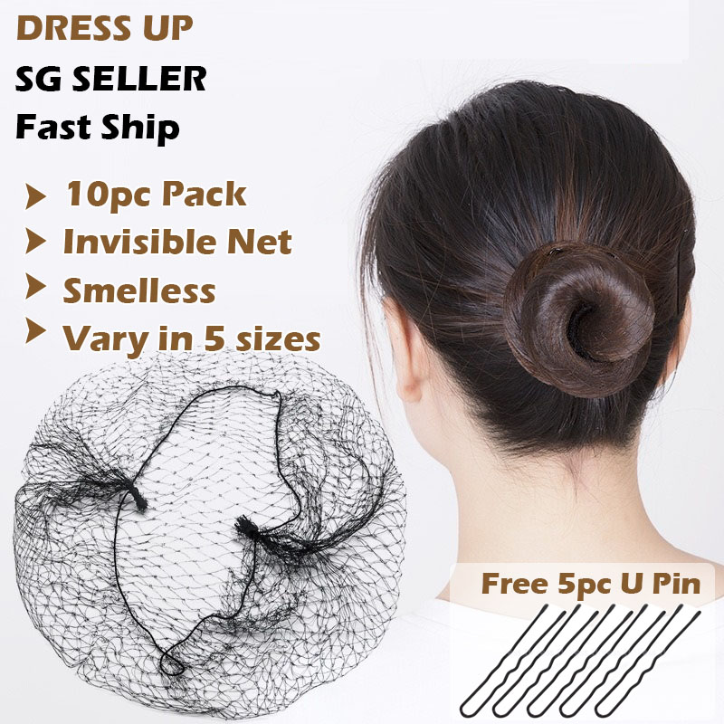 [SG | Ballet Bun] 10Pc Invisible Hair Nets Elastic Edge Mesh , with Free 5pc U Shaped Pins , women girls hair string net bag accessories headdress professional up-do nurses stewardess
