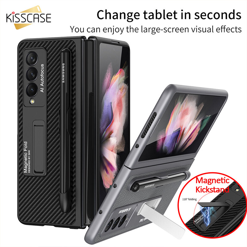 KISSCASE With S Pen Slot Case For Galaxy Z Fold 3 5G Case With Holder Stand Case Ultra-thin Plain PU Leather Holder Case With Pen Slot Case For Samsung Galaxy Z Fold 3 5G