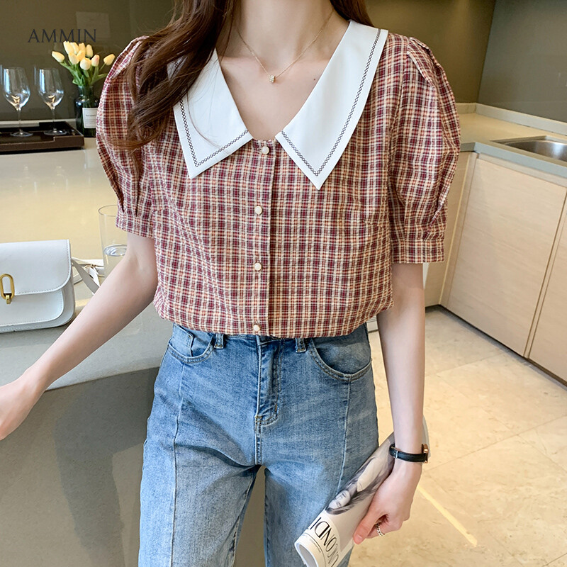 AMMIN Sweet and elegant cardigan blouse 2021 summer new French style pointed collar lapel puff sleeve short-sleeved Japanese check chiffon shirt tops