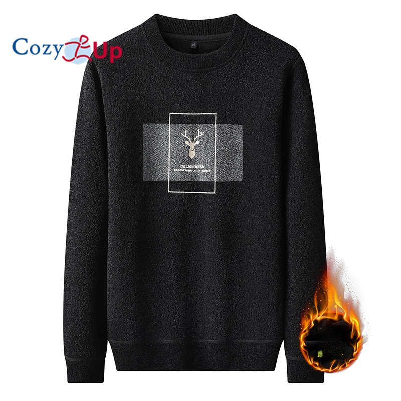 Cozy Up Men Long Sleeve Sweater Slim Round Neck Plus Velvet Warm Casual Knitted Pullover