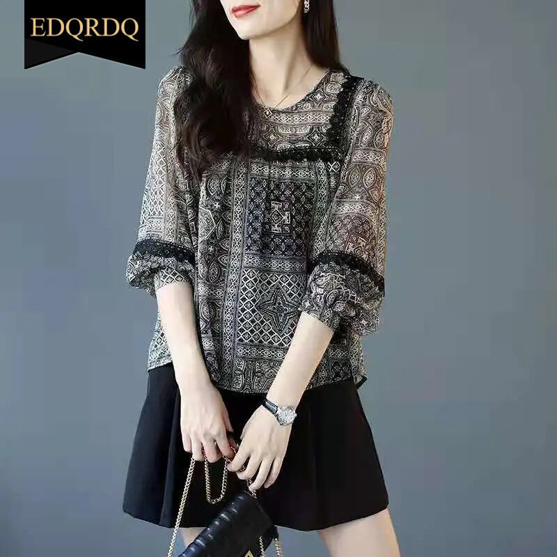 EDQRDQ Floral Chiffon Blouses Plus Size Loose Lace Joint Ladies Shirts Tops