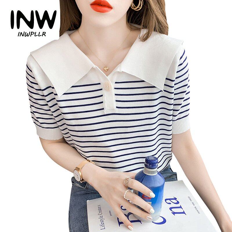 INWPLLR Pretty Navy Neck Chic Tops Women's Western Style Striped T-Shirts Leisure Fashion Short-sleeves T-shirts Lady