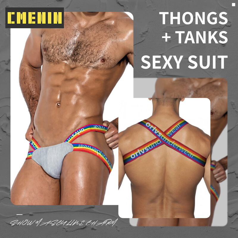 CMENIN Hot Sale Cotton Hip Raise Sexy Men Underwear Jockstrap Panties Stringi Men's Thong And Tank Top Set Man Underpants For Men BSTT16-20